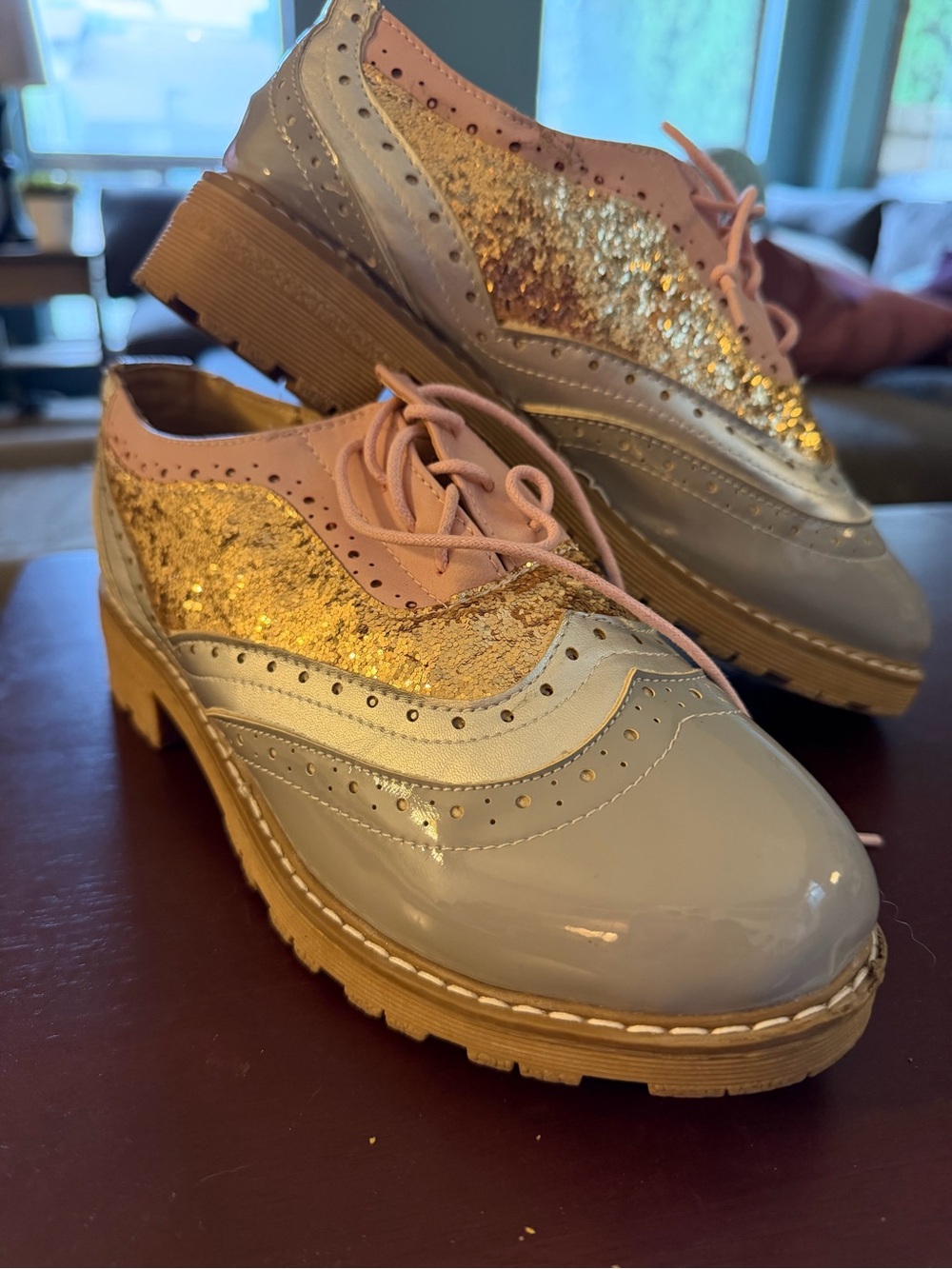 Women’s Pink, Gray and Gold Glitter Wingtip Oxfords